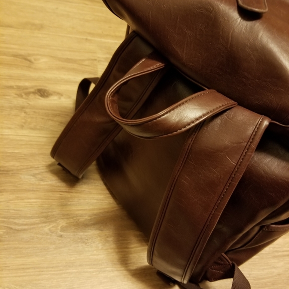 Vegan Dark Brown Faux Leather Drawstring Backpack - Picture 2 of 5